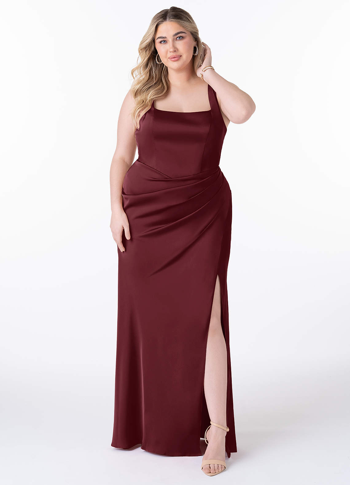 Mero Mermaid Square-Neck Stretch Satin Bridesmaid Dress in Cabernet