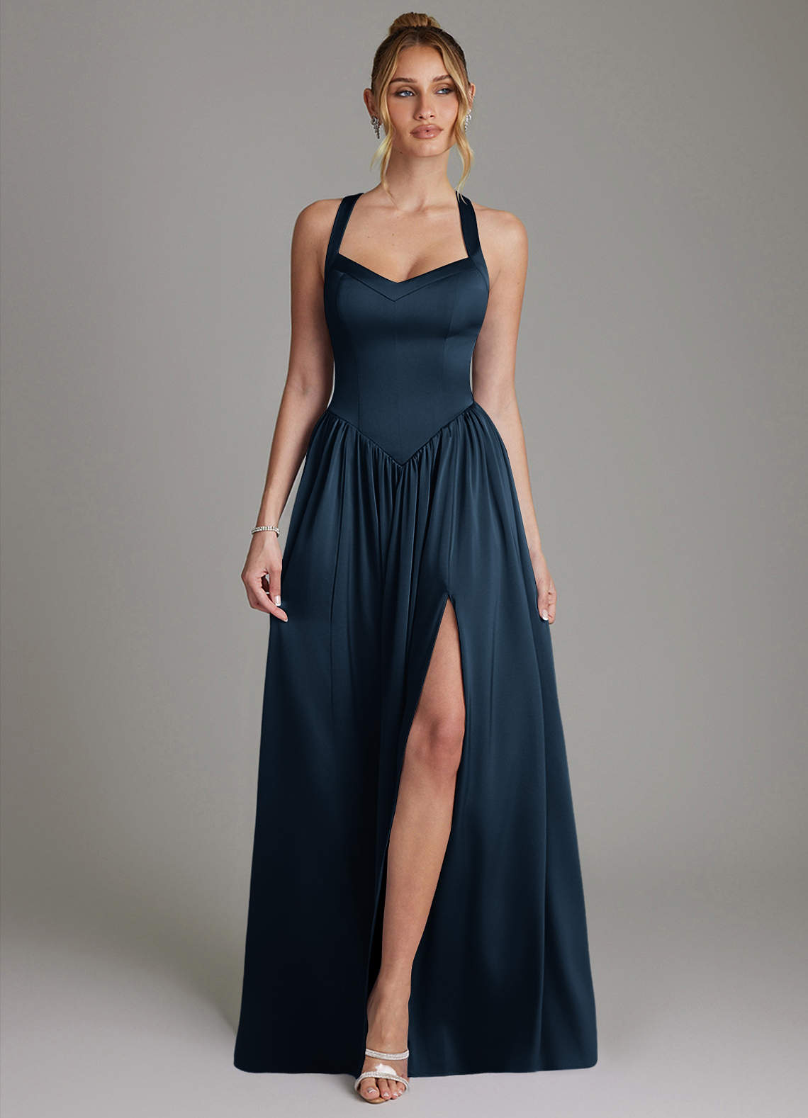 Francis A-Line V-Neck Stretch Satin Bridesmaid Dress in Dark Navy