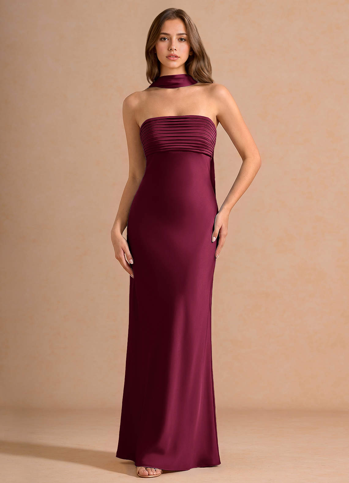 Seraphina A-Line Scarf Stretch Satin Evening Dress in Merlot