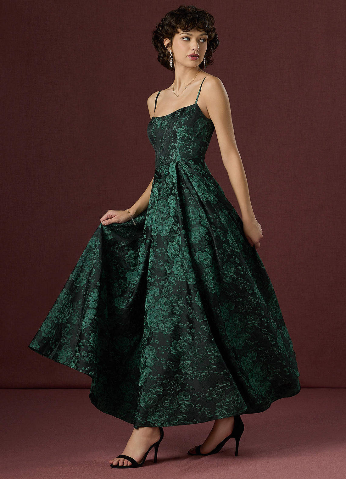 Wendy A-Line V-Back Jacquard Wedding Guest Dress in Black Emerald