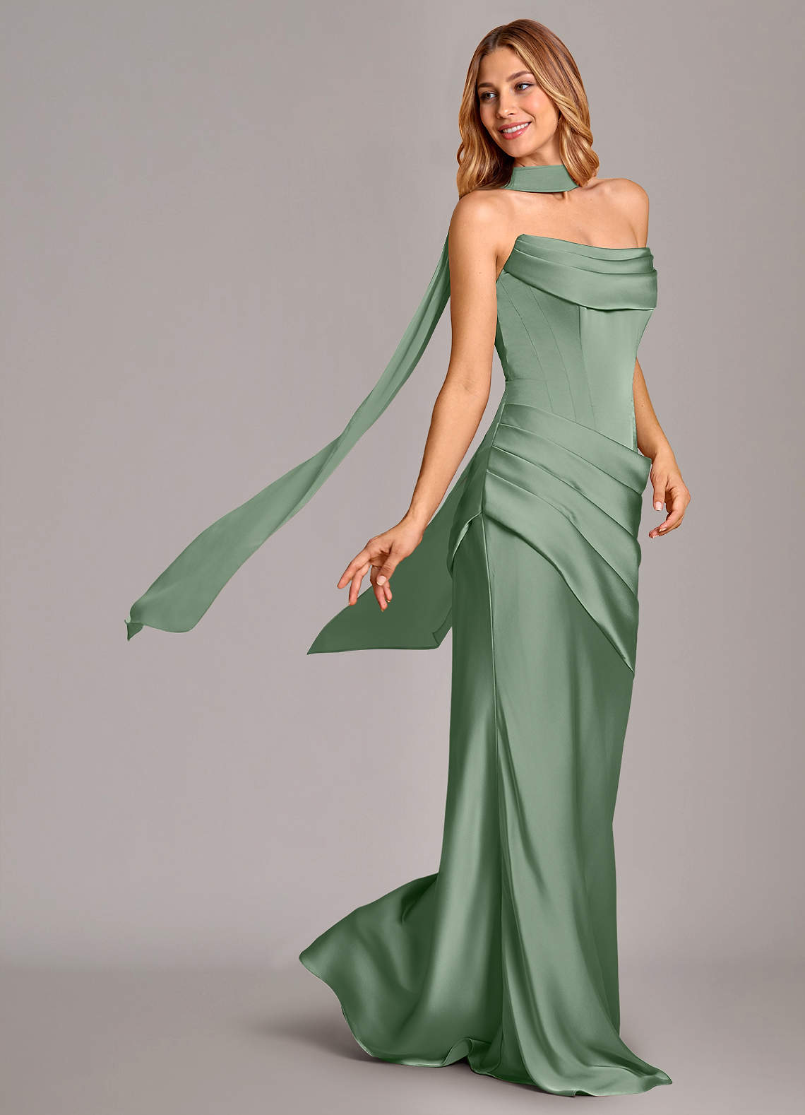 Pelagia Mermaid Cowl-Neck Stretch Satin Bridesmaid Dress in Matcha
