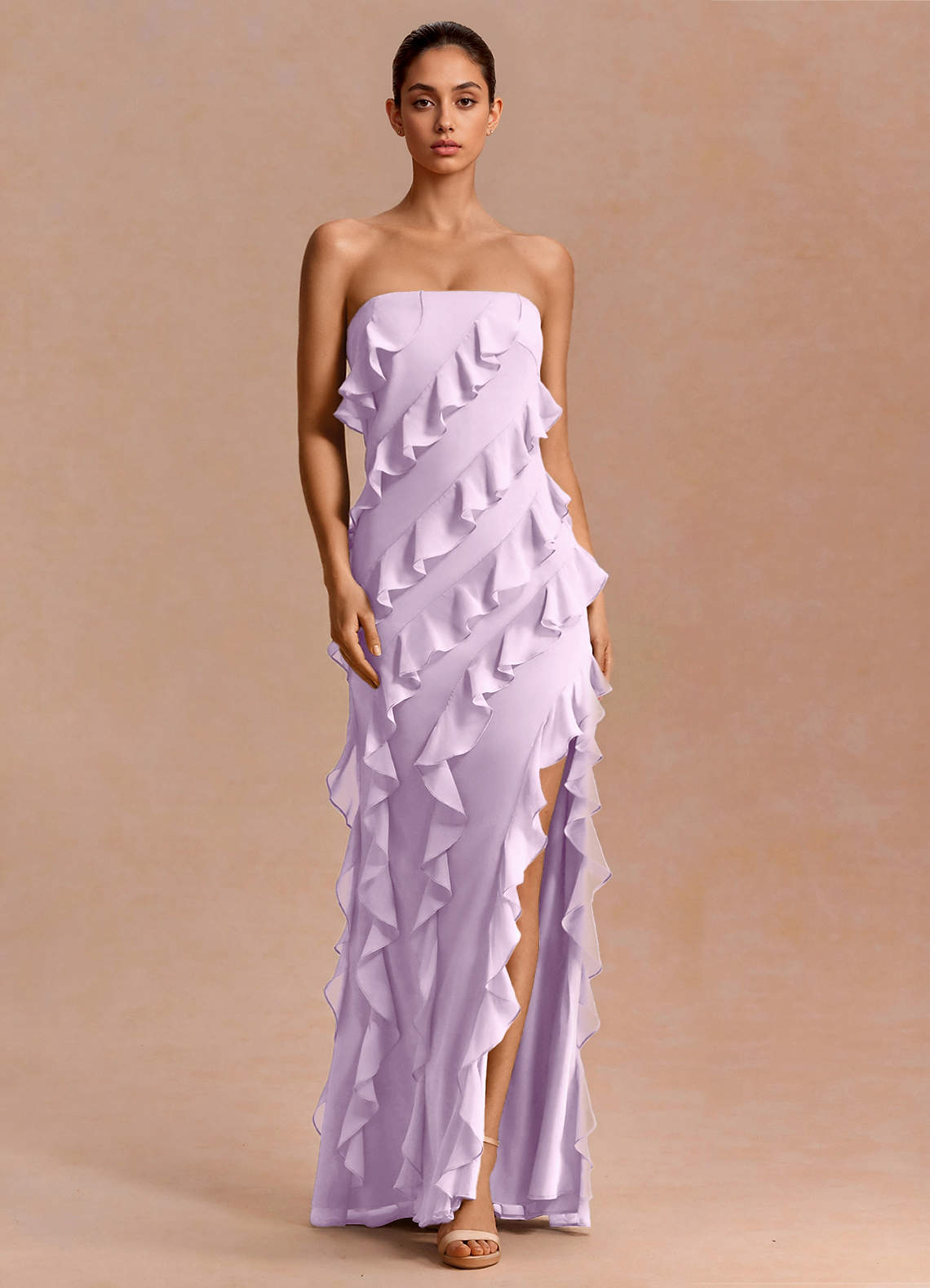 Eira A-Line Ruffle Chiffon Evening Dress in Frosted Lilac