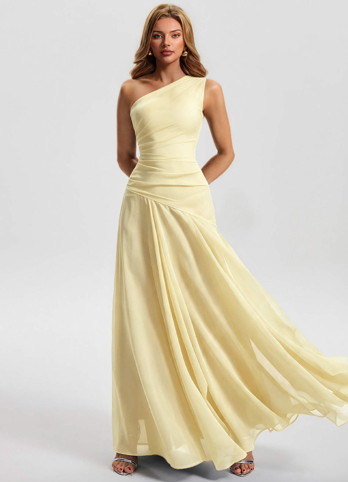 Sylvaine A-Line One-Shoulder Chiffon Wedding Guest Dress in Ganache