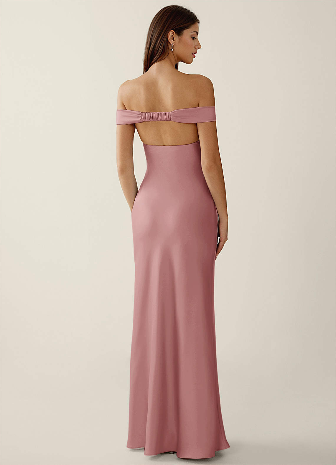 Gwendonme Sheath Off-the-Shoulder Satin Crystal Linen Evening Dress in Dusty Pink