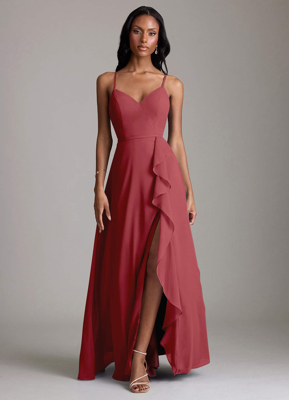 Naeem A-Line V-Neck Chiffon Bridesmaid Dress in Pomegranate