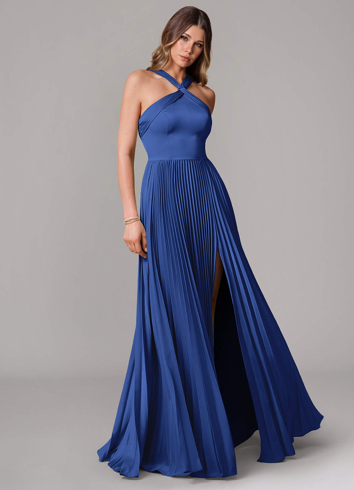 Afra A-Line Halter-Neck Stretch Satin Bridesmaid Dress in Royal Blue