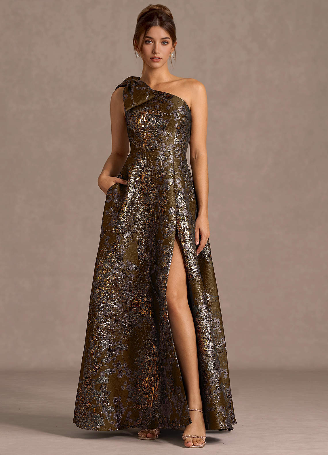 Jonelle A-Line One-Shoulder Metallic Jacquard Evening Dress in Mocha Coco