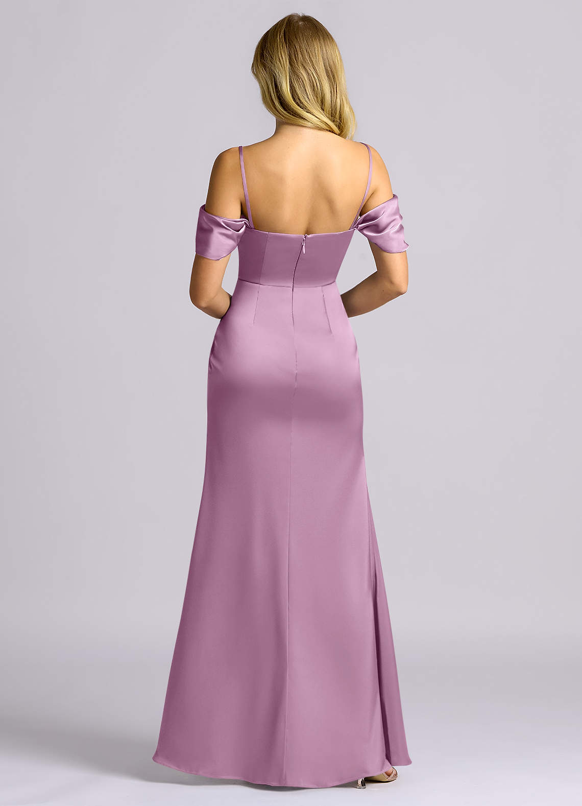 Auden Sheath Off-the-Shoulder Stretch Satin Bridesmaid Dress in Wisteria