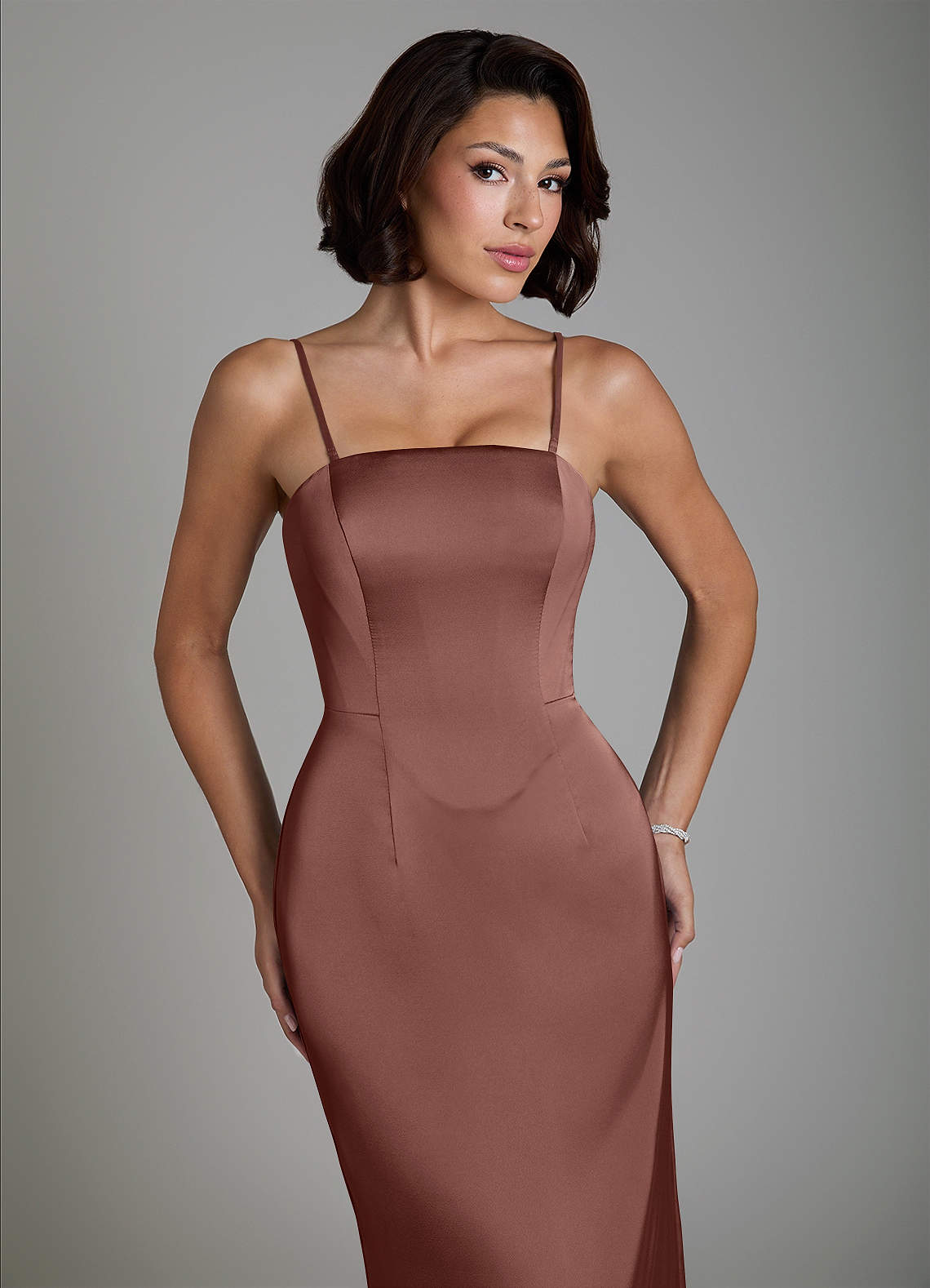 Fallyn Sheath Strapless Stretch Satin Bridesmaid Dress in Espresso