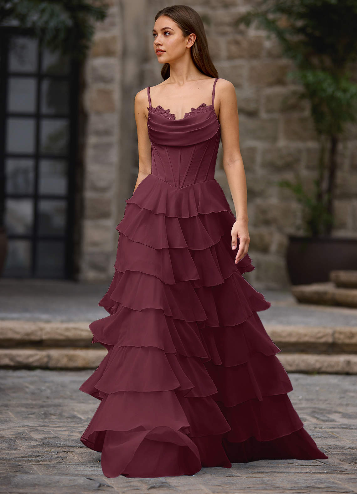 Floralace A-Line Ruffle Chiffon Evening Dress in Wine
