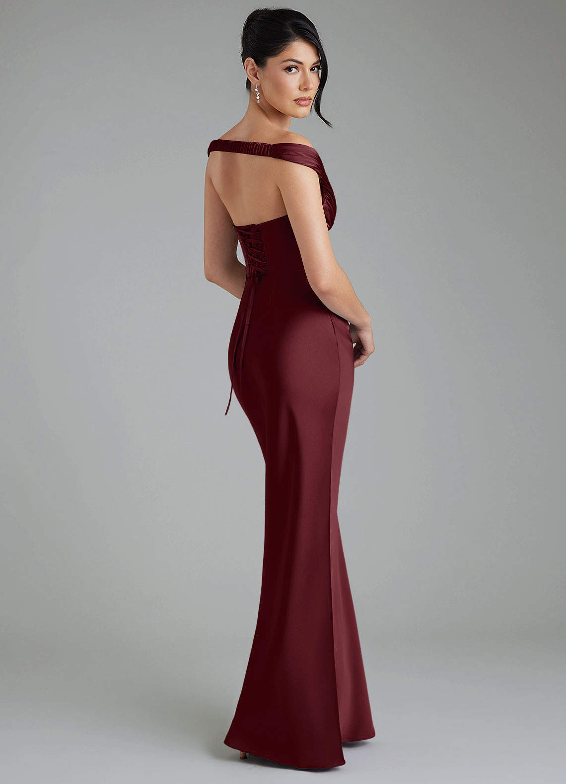 Stella Sheath V-Neck Stretch Satin Bridesmaid Dress in Cabernet