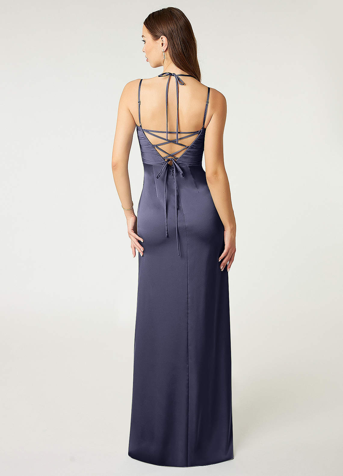 Desi Sheath Halter Stretch Satin Bridesmaid Dress in Stormy