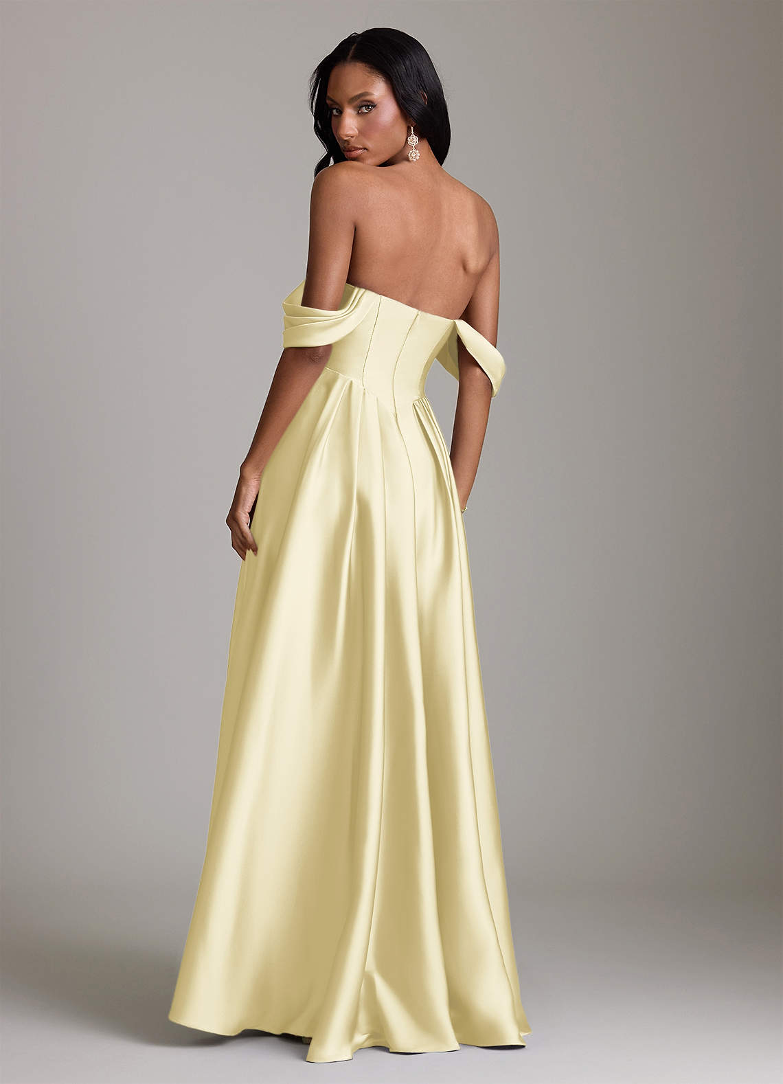 Loisa A-Line Off-the-Shoulder Stretch Satin Bridesmaid Dress in Lemon Sorbet