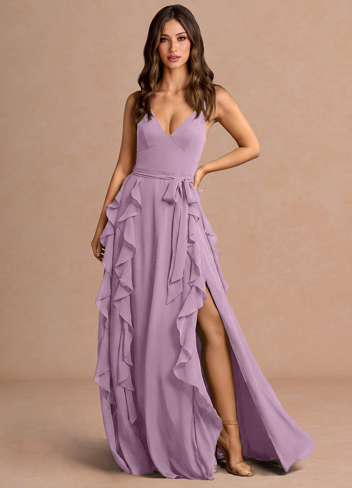 Alouette A-Line V-Neck Chiffon Evening Dress in Grape