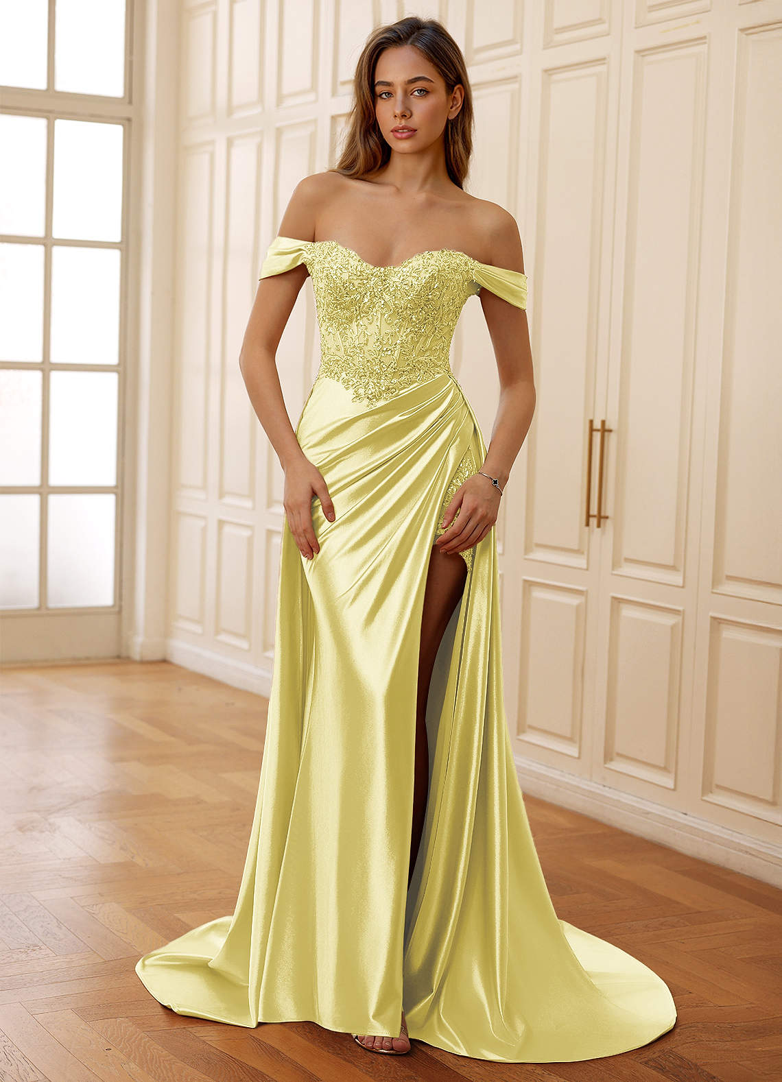 Rowane A-Line Off-the-Shoulder Satin Evening Dress in Yellow