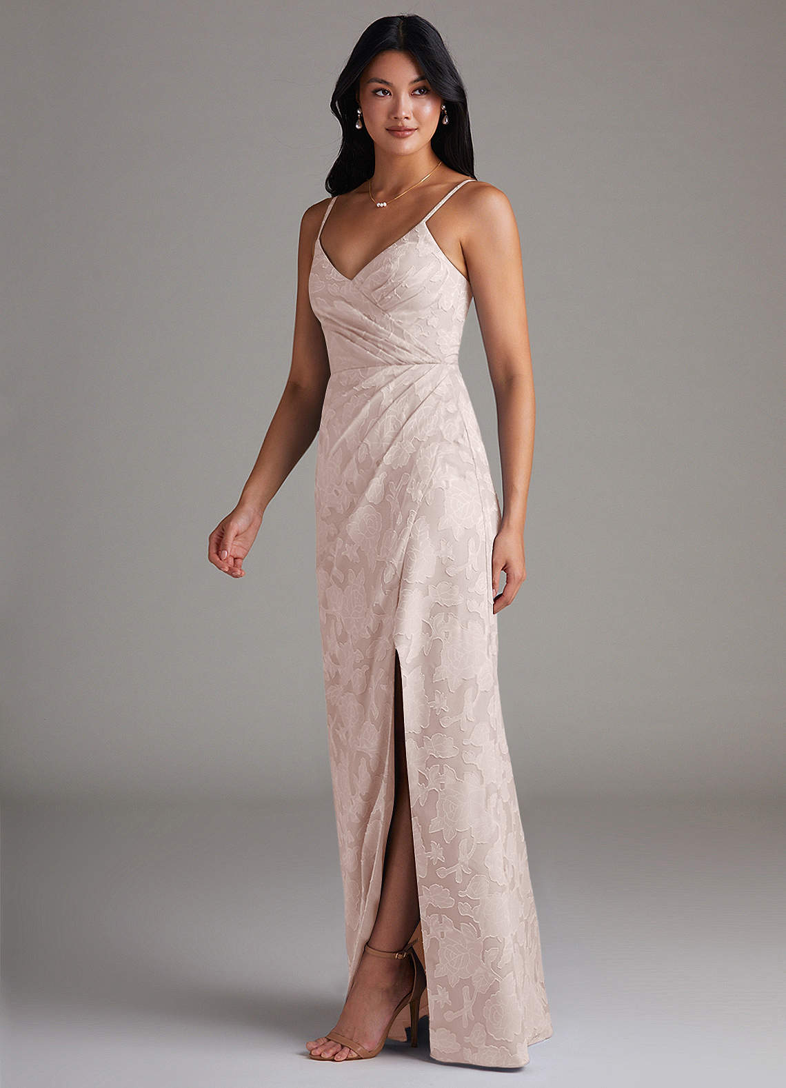 Maci Sheath V-Neck Floral Burnout Bridesmaid Dress in Blushing Pink