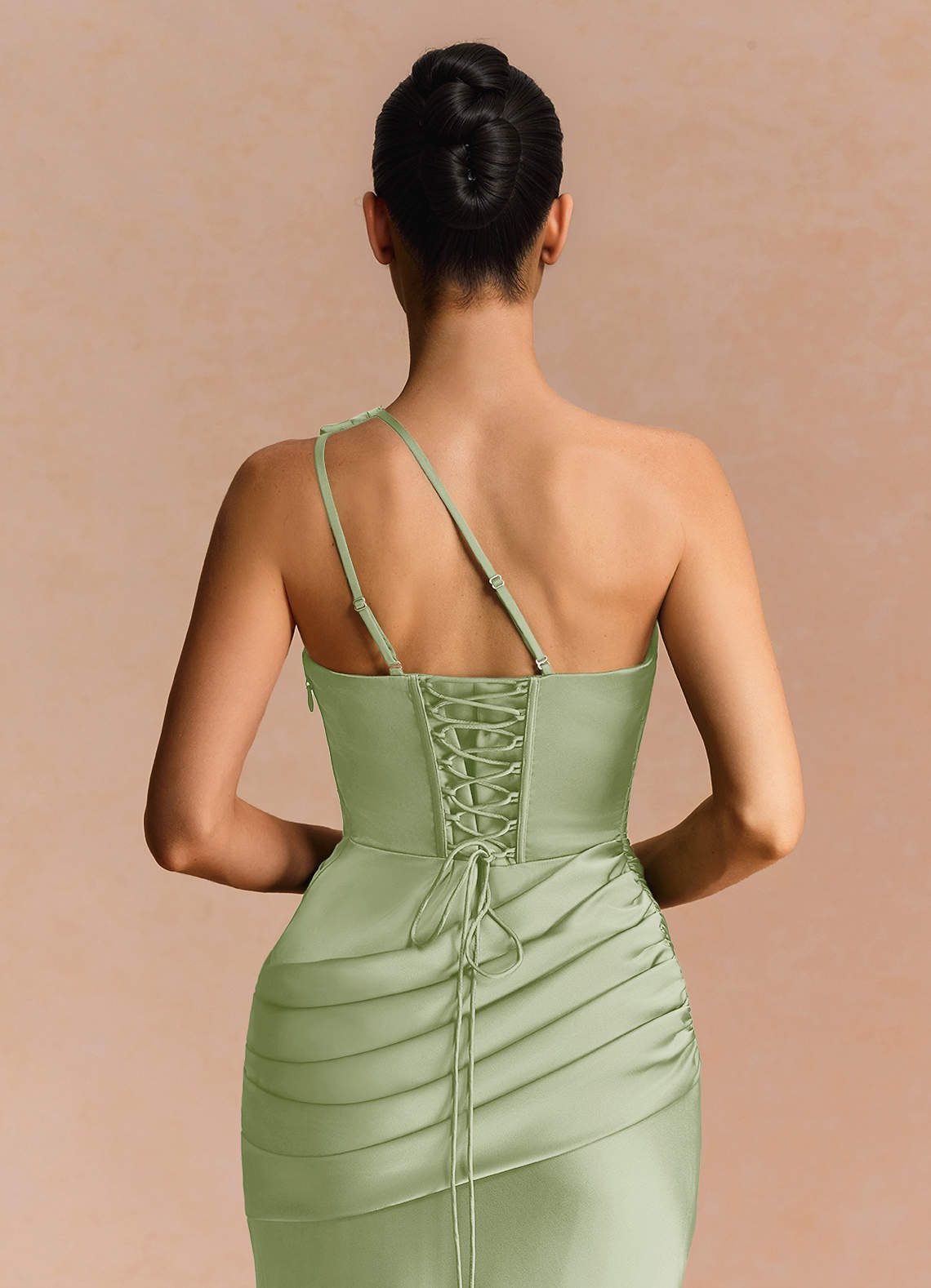 Guinevere One-Shoulder Cutout Stretch Satin Evening Dress in Light Green