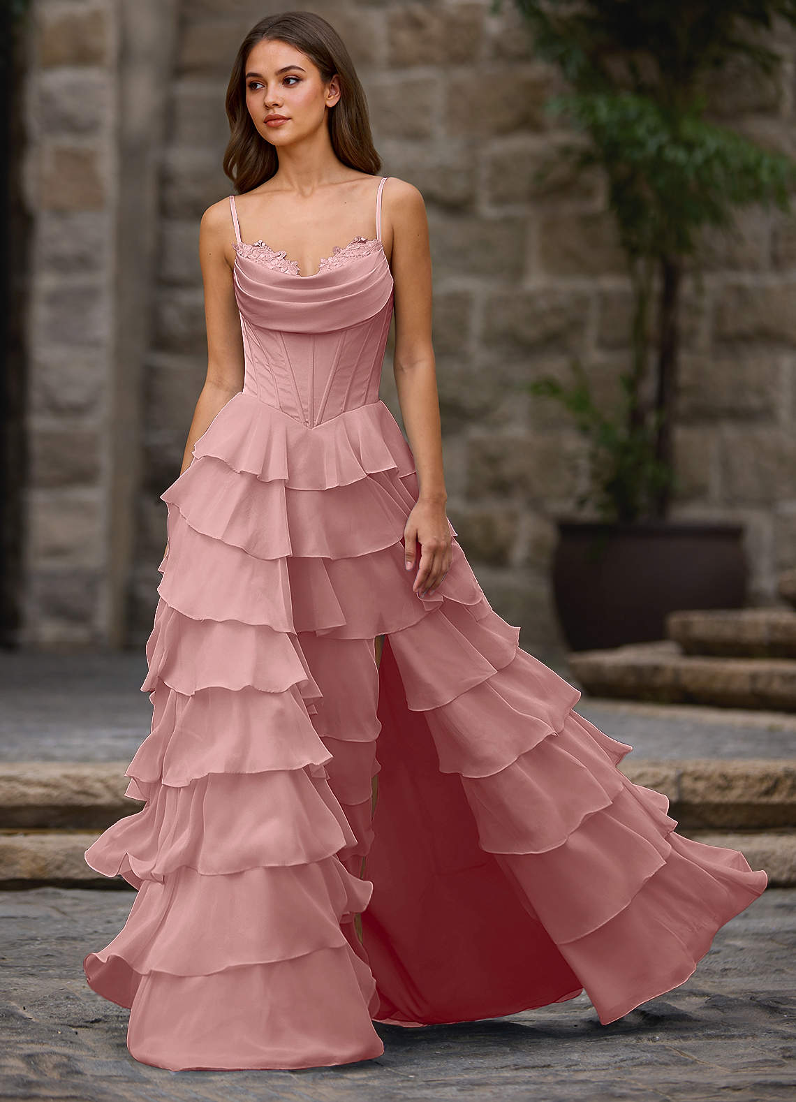 Floralace A-Line Ruffle Chiffon Evening Dress in Vanilla