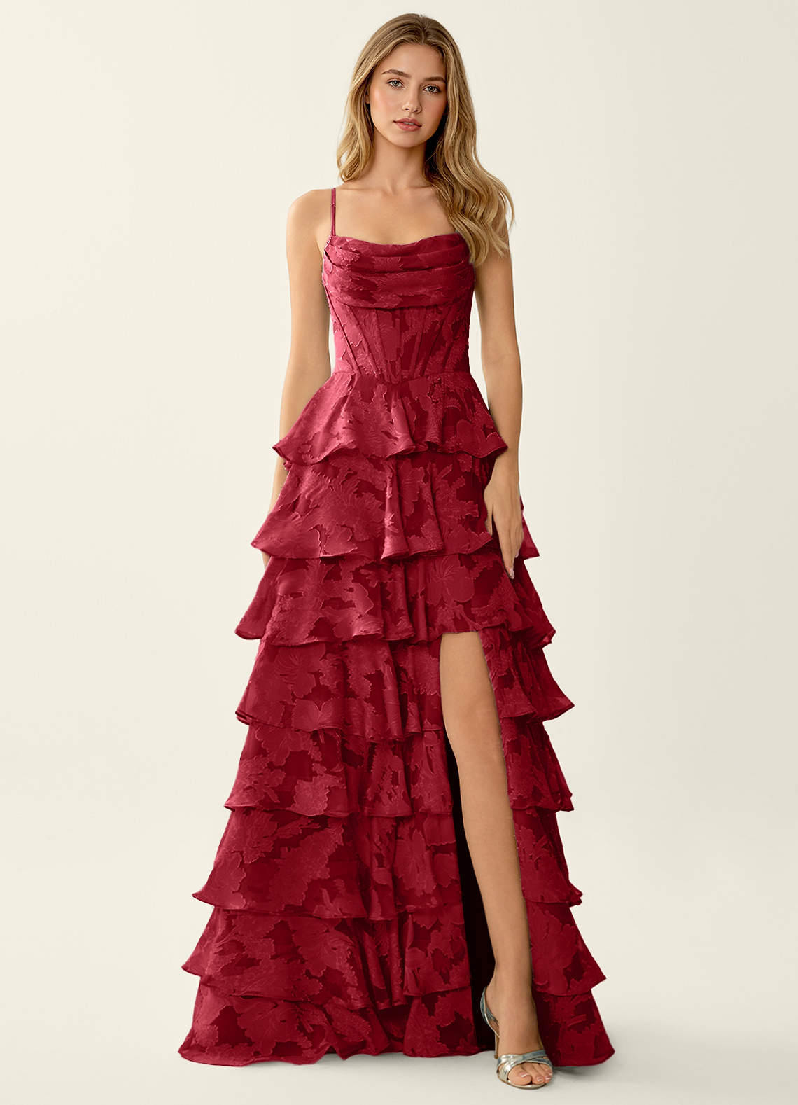 Wrenana A-Line Cowl-Neck Floral Burnout Evening Dress in Dark Green