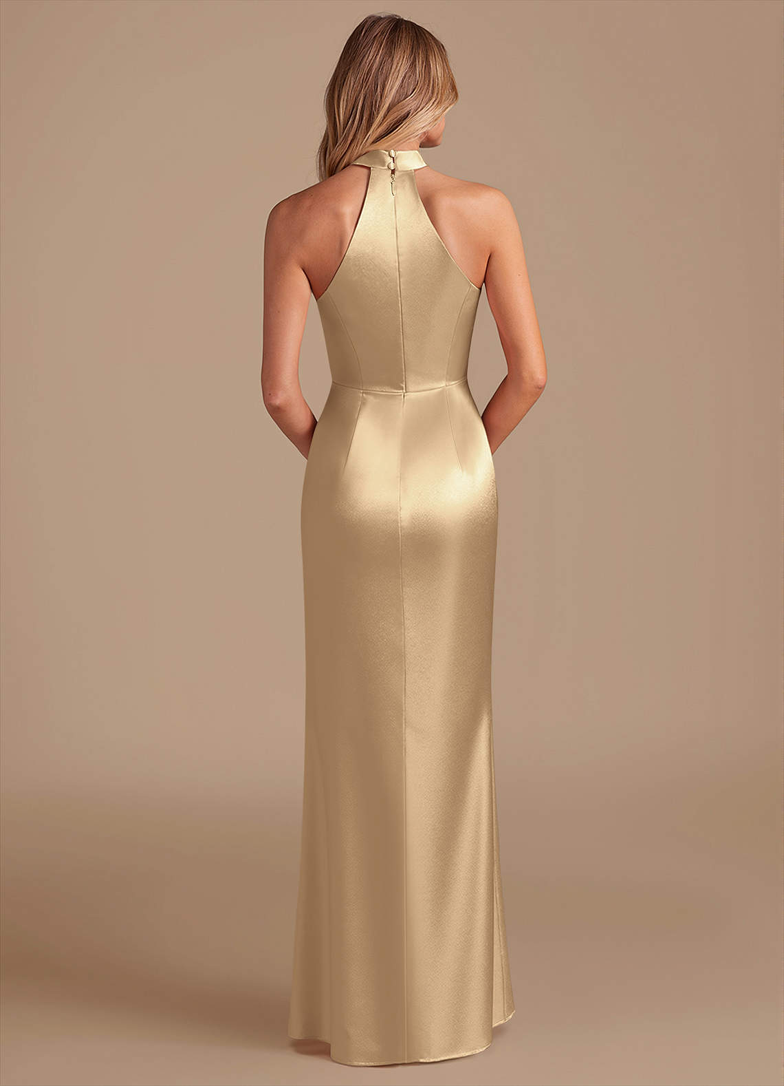 Karlotta Sheath Halter-Neck Metallic Satin Bridesmaid Dress in Champagne