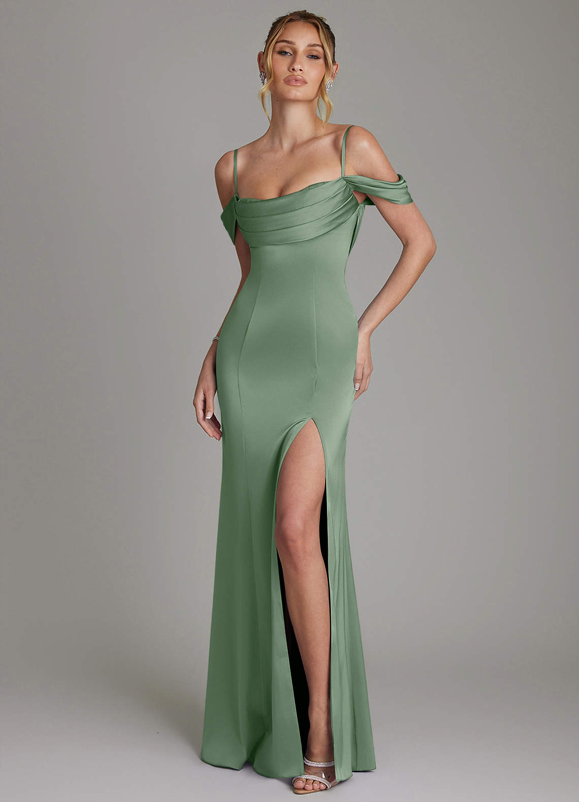 Nira Mermaid Sweetheart Stretch Satin Bridesmaid Dress in Matcha