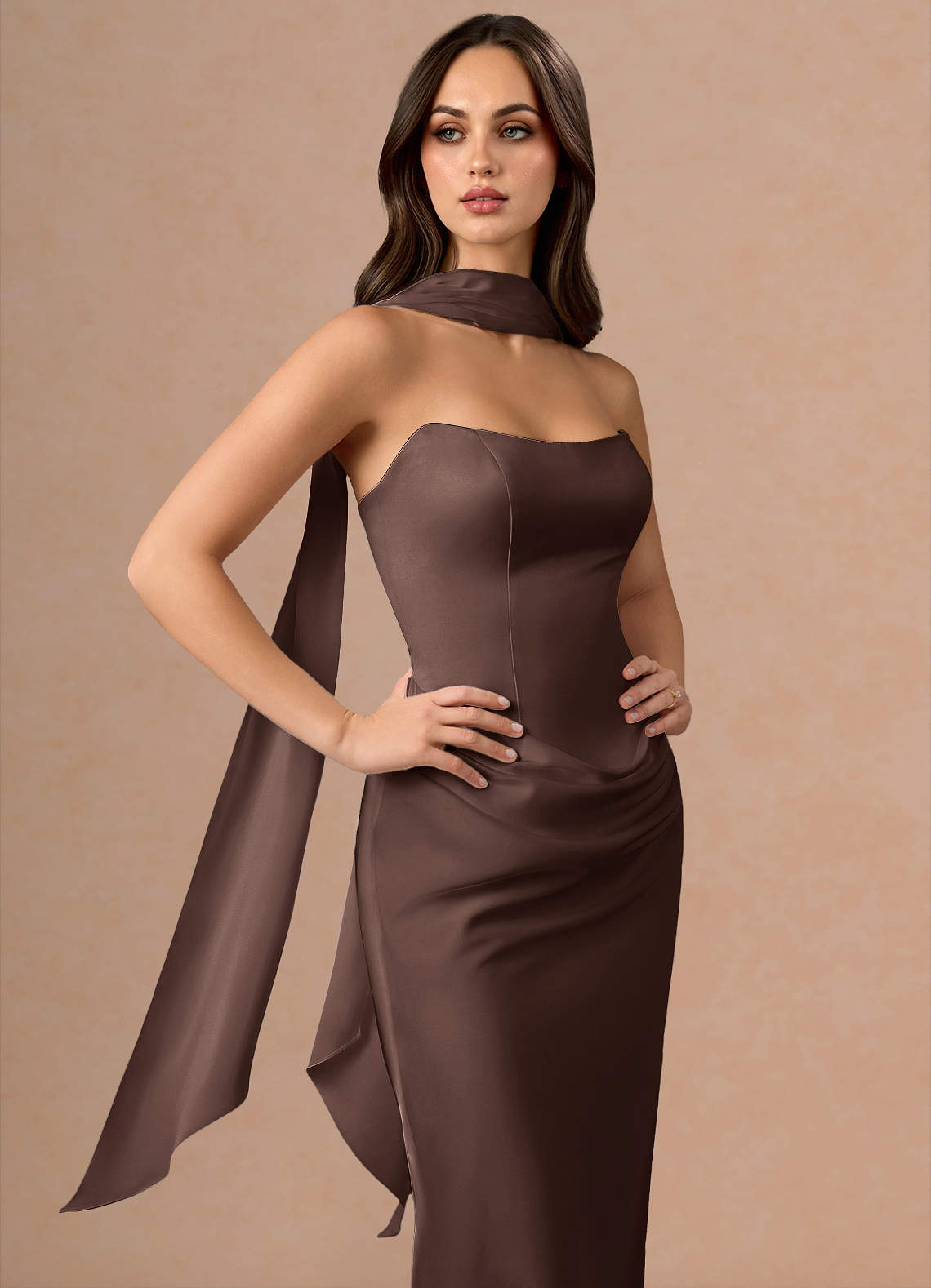 Valencia Scarf Lace-Up Stretch Satin Evening Dress in Truffle
