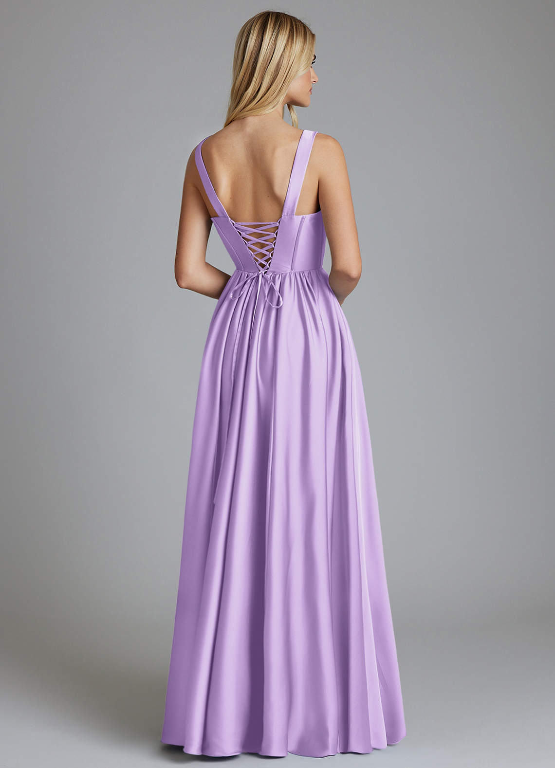 Delmie A-Line V-Neck Stretch Satin Bridesmaid Dress in Lilac