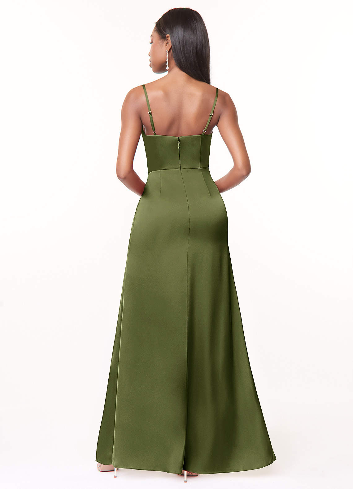 Maci A-Line V-Neck Stretch Satin Bridesmaid Dress in Olive