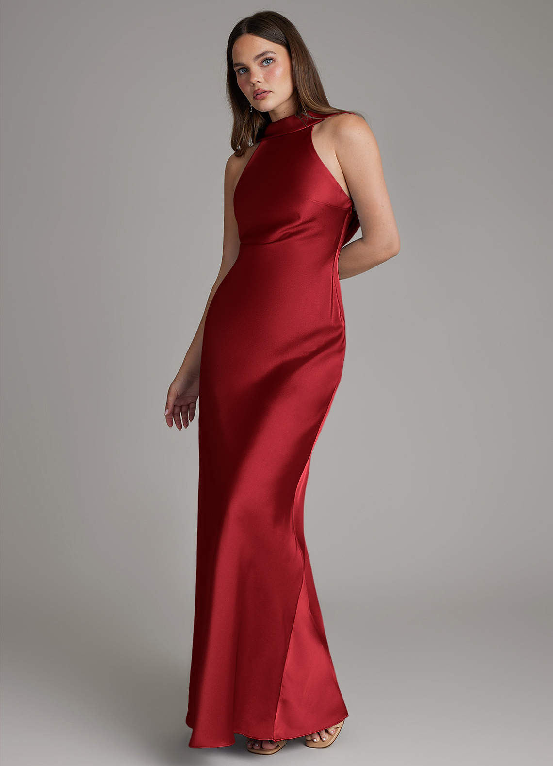 Dimitra Sheath Halter Stretch Satin Bridesmaid Dress in Scarlet