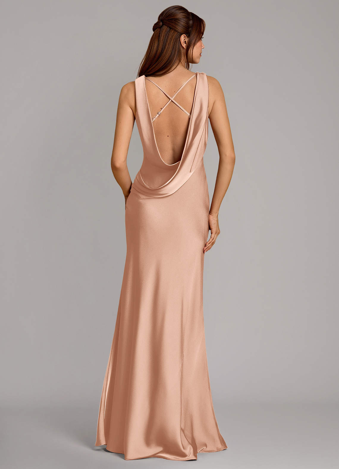 Cheryl Mermaid Cowl-Neck Stretch Satin Bridesmaid Dress in rose gold