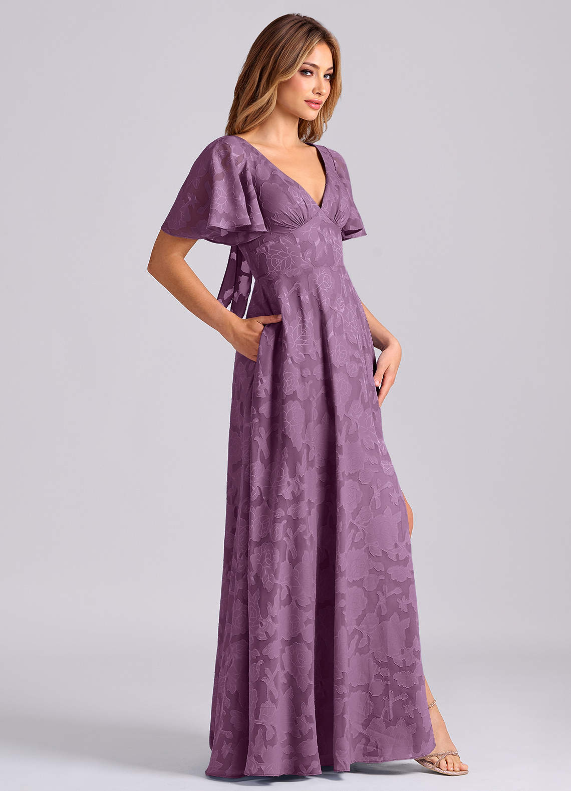 Kimber A-Line V-Neck Floral Burnout Bridesmaid Dress in Wisteria