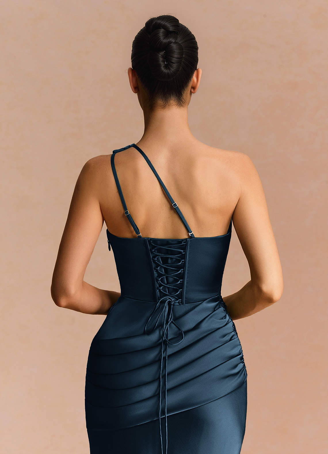 Guinevere One-Shoulder Cutout Stretch Satin Evening Dress in Navy