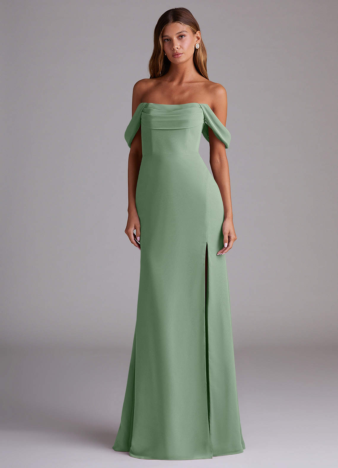 Saige A-Line Off-the-Shoulder Chiffon Bridesmaid Dress in Matcha