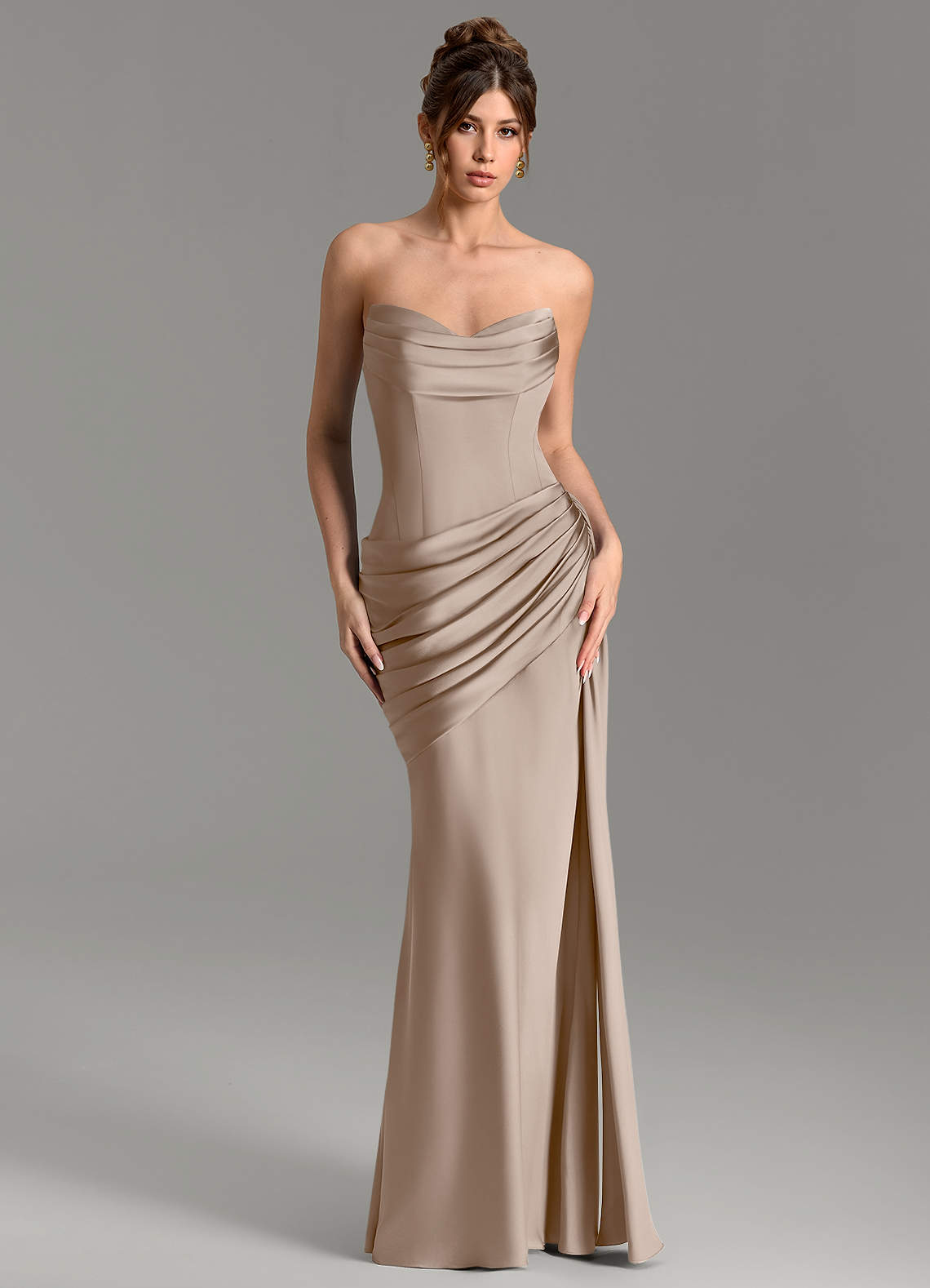 Zorah Mermaid Sweetheart Stretch Satin Bridesmaid Dress in Taupe