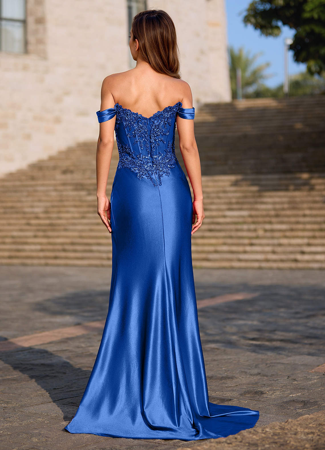 Opulence Mermaid Off-the-Shoulder Satin Evening Dress in Royal Blue