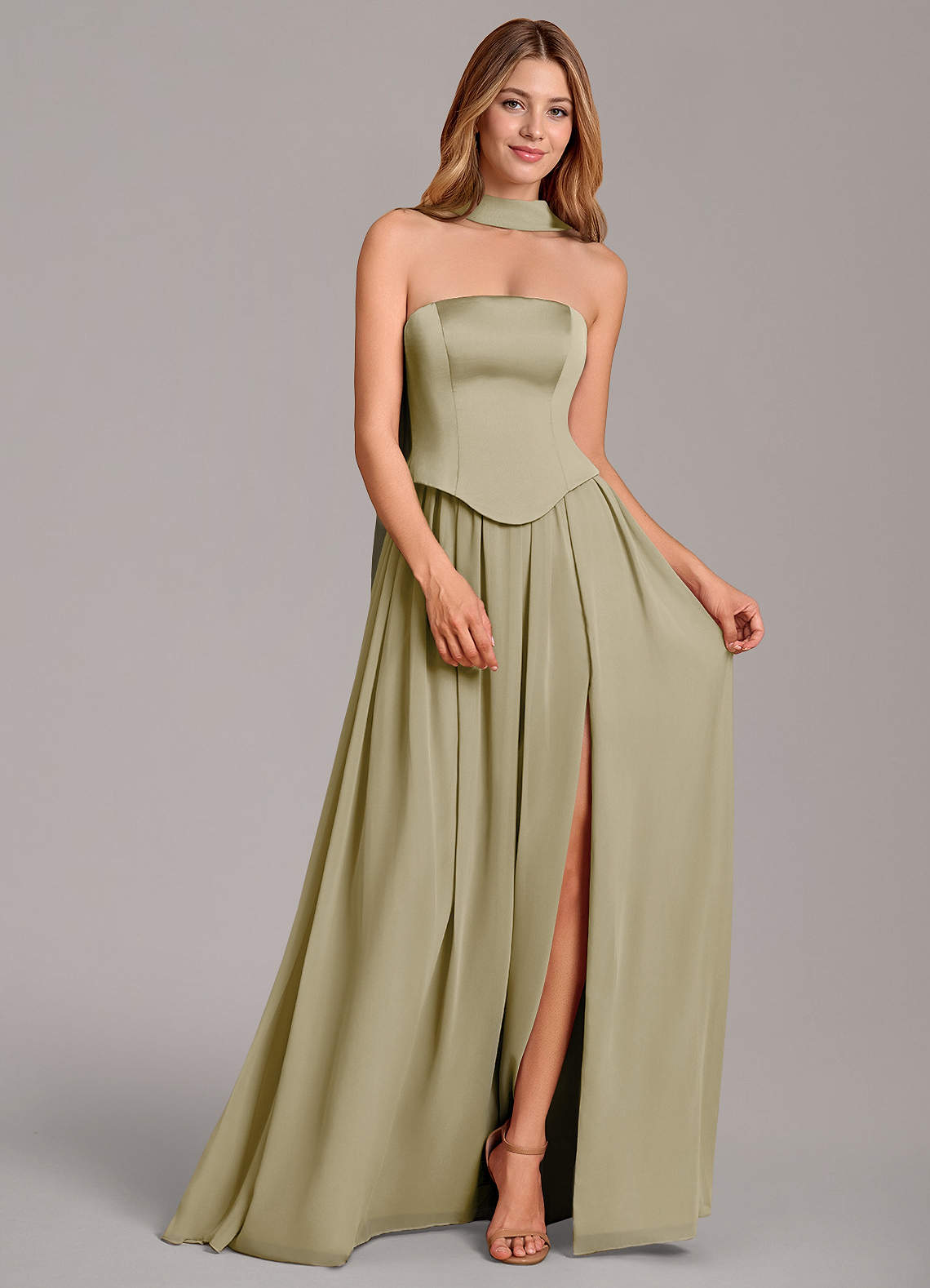 Cadence A-Line Strapless Chiffon and Stretch Satin Bridesmaid Dress in Moss Green
