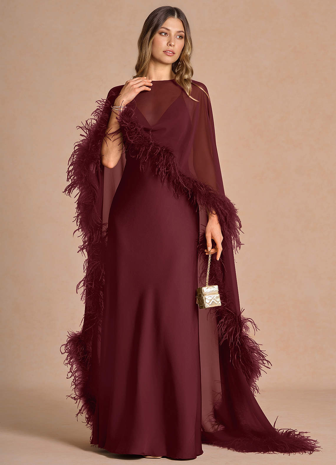 Samara Sheath Feather-Trim Satin Chiffon Wedding Guest Dress in Wine