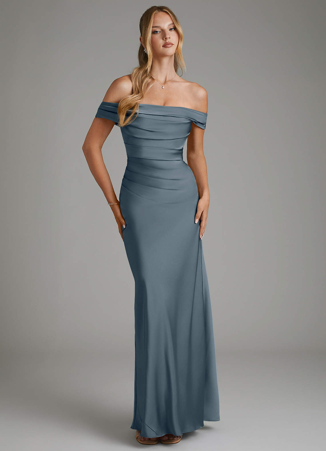 Hayden Mermaid Off-the-Shoulder Stretch Satin Bridesmaid Dress in Twilight