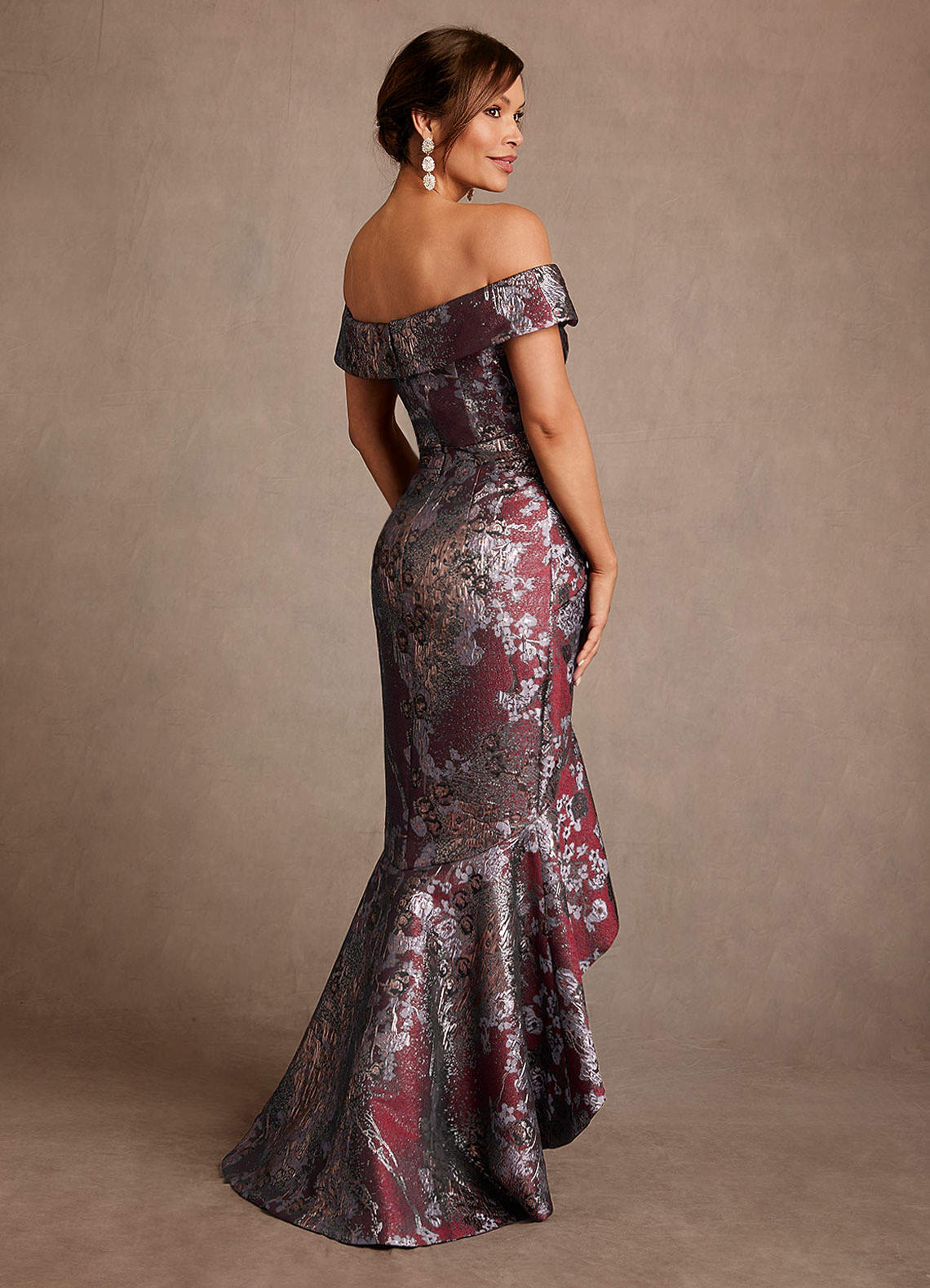 Winnetka Mermaid Off-the-Shoulder Jacquard Mother of the Bride Dress in Merlot Floral