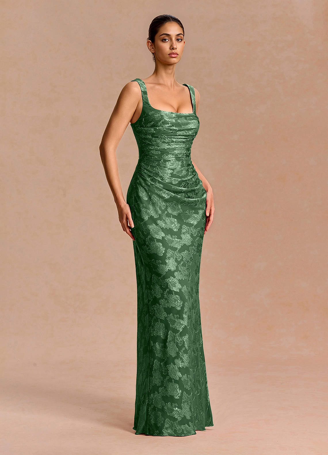 Agustina Square-Neck Pleated Fil Coupé Evening Dress in Eucalyptus