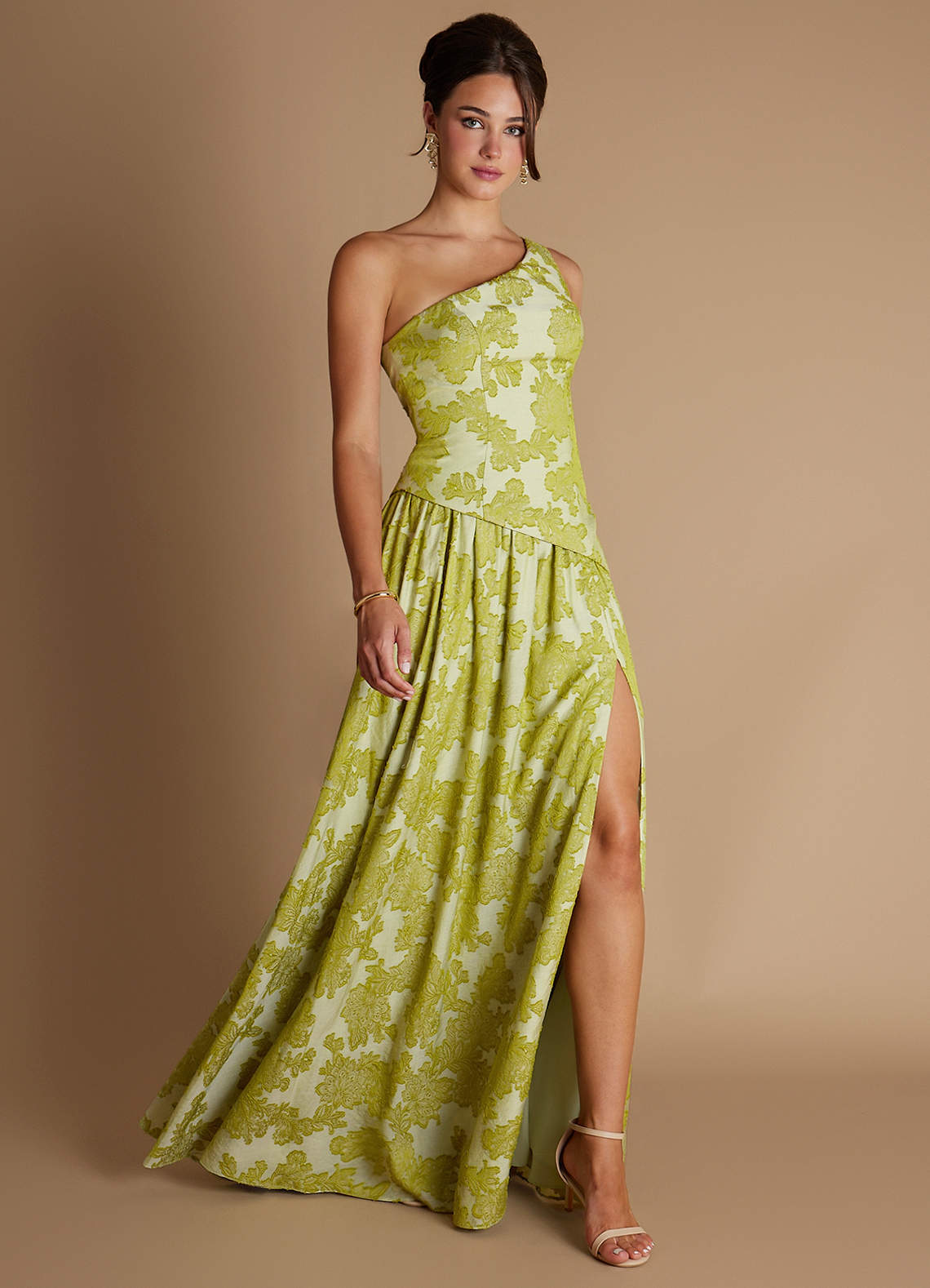 Nayra A-Line One-Shoulder Burnout Wedding Guest Dress in Vintage Chartreuse
