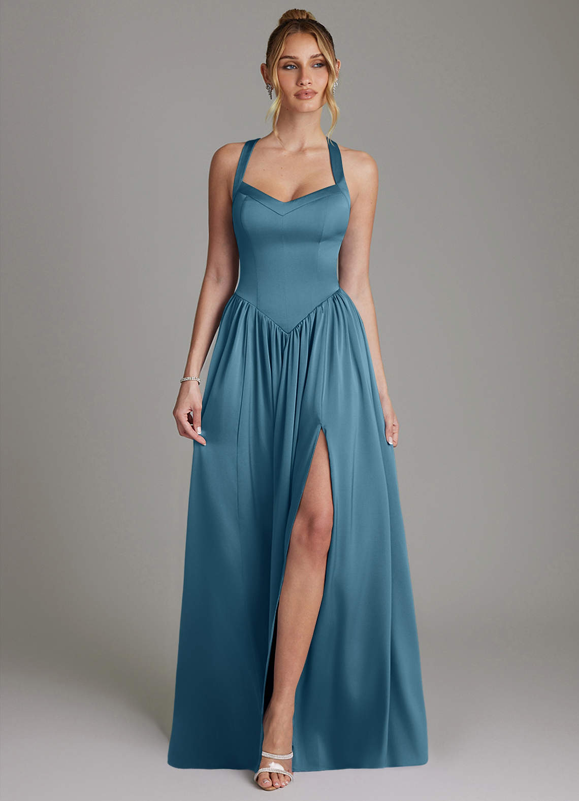 Francis A-Line V-Neck Stretch Satin Bridesmaid Dress in Bermuda