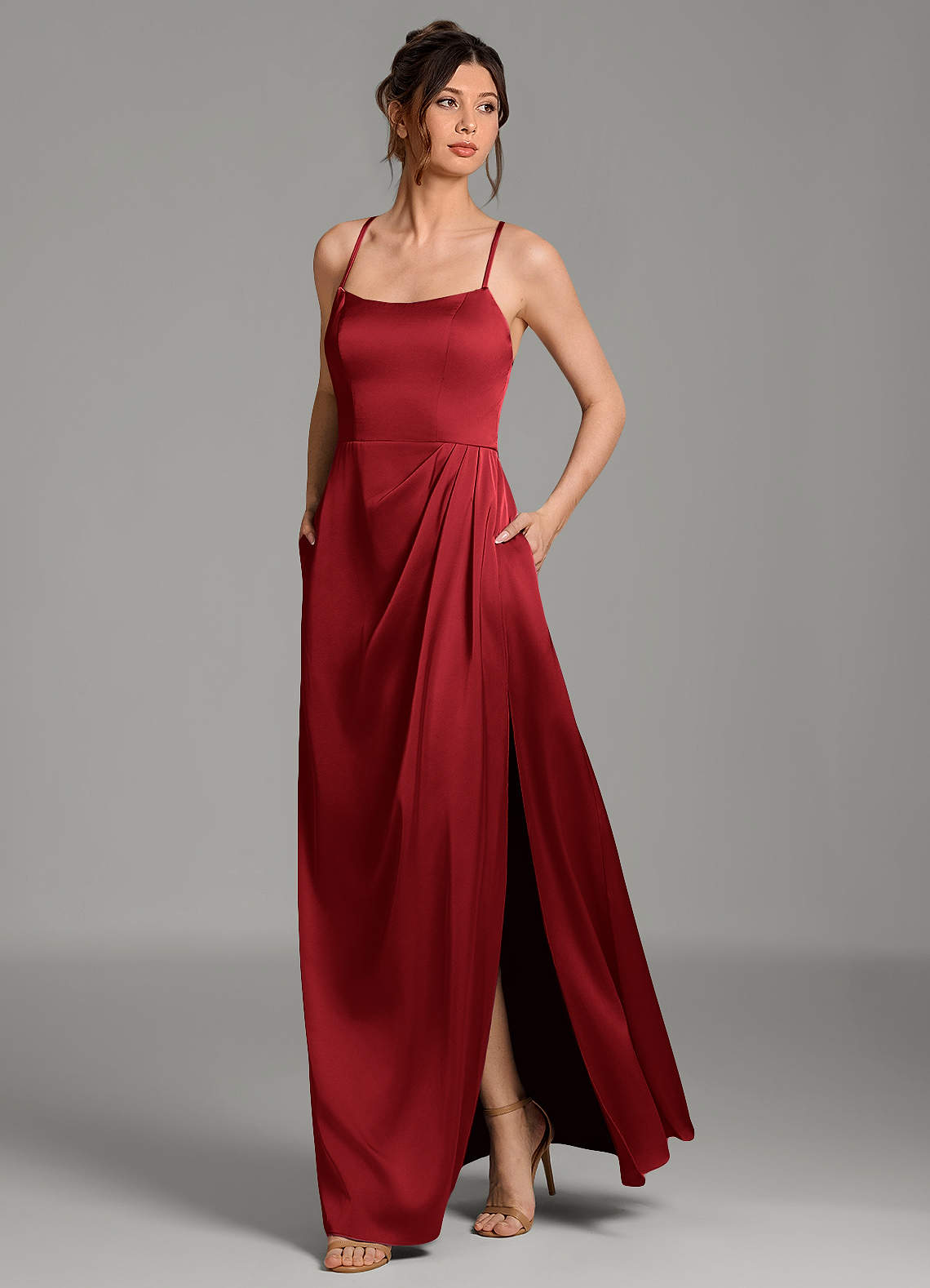 Frankie A-Line Scoop-Neck Stretch Satin Bridesmaid Dress in Scarlet