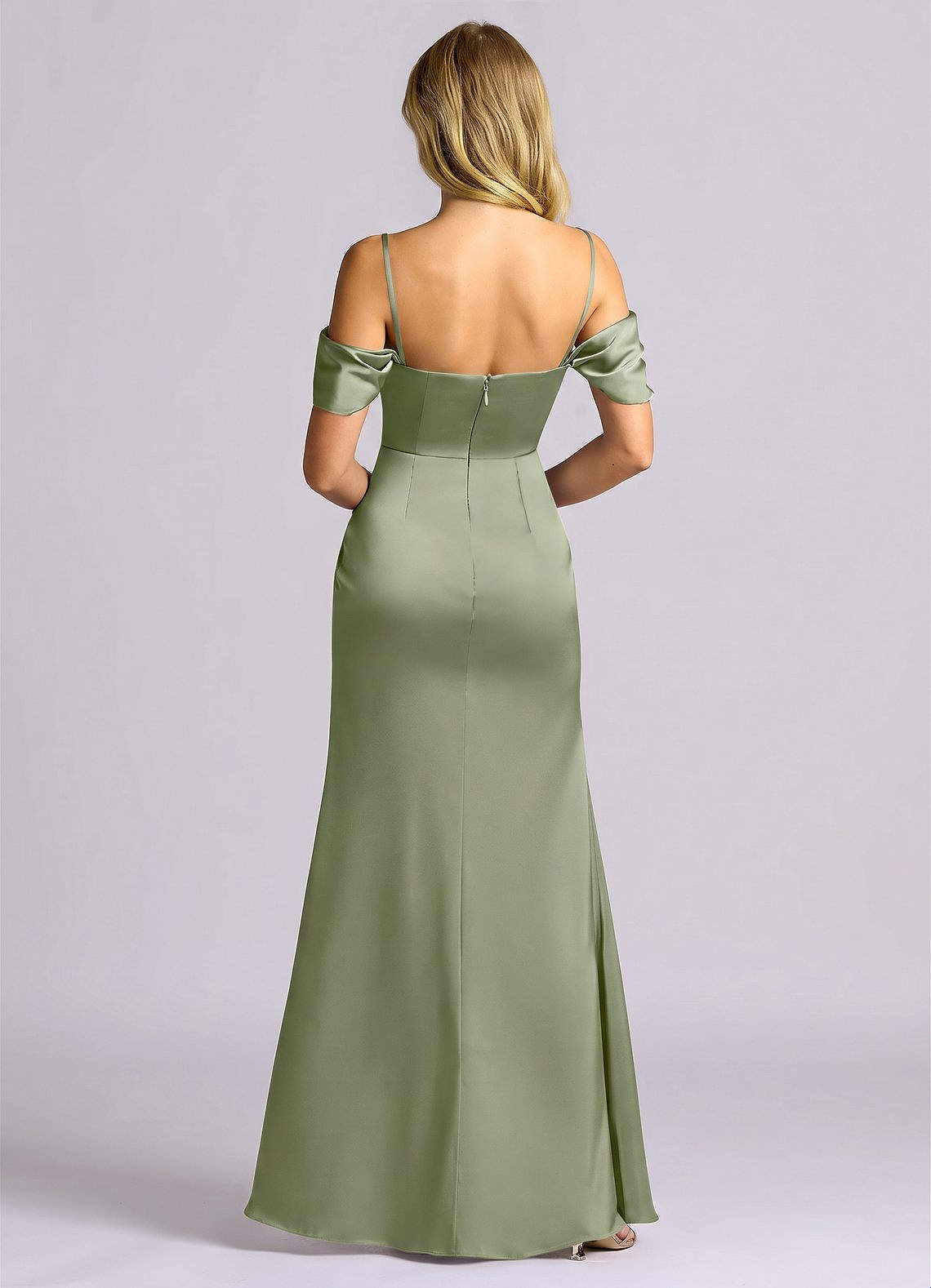 Auden Sheath Off-the-Shoulder Stretch Satin Bridesmaid Dress in Pistachio