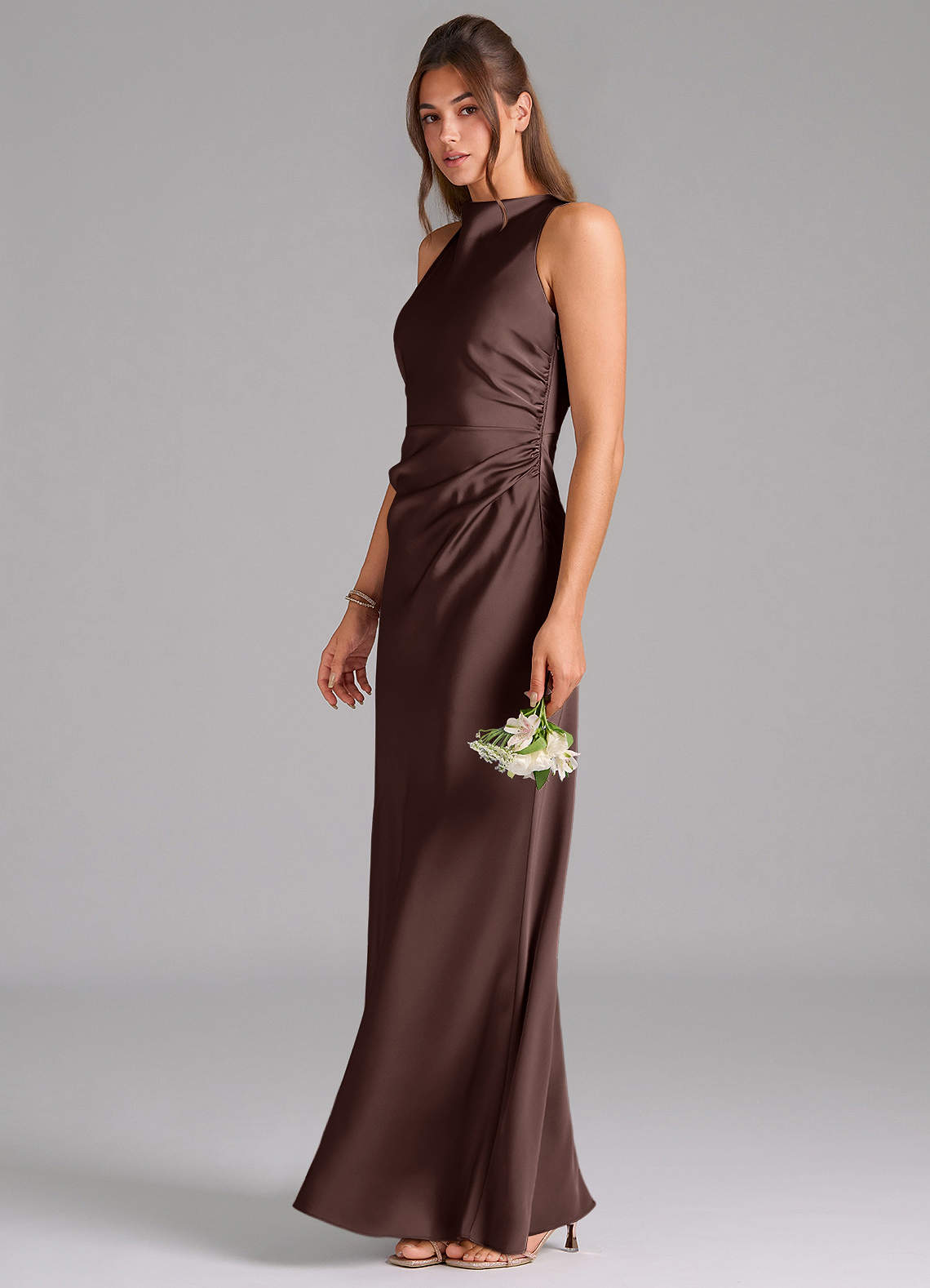Evadne Sheath Scoop-Neck Stretch Satin Bridesmaid Dress in Ganache