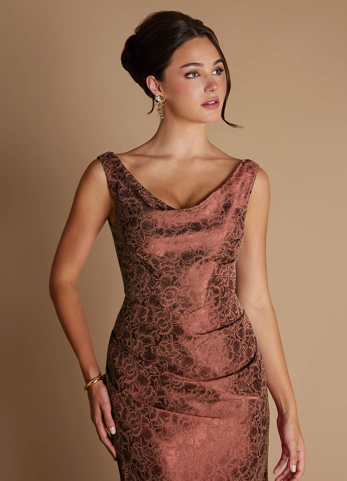 Kiana Mermaid Scoop-Neck Jacquard Wedding Guest Dress in Brick Red