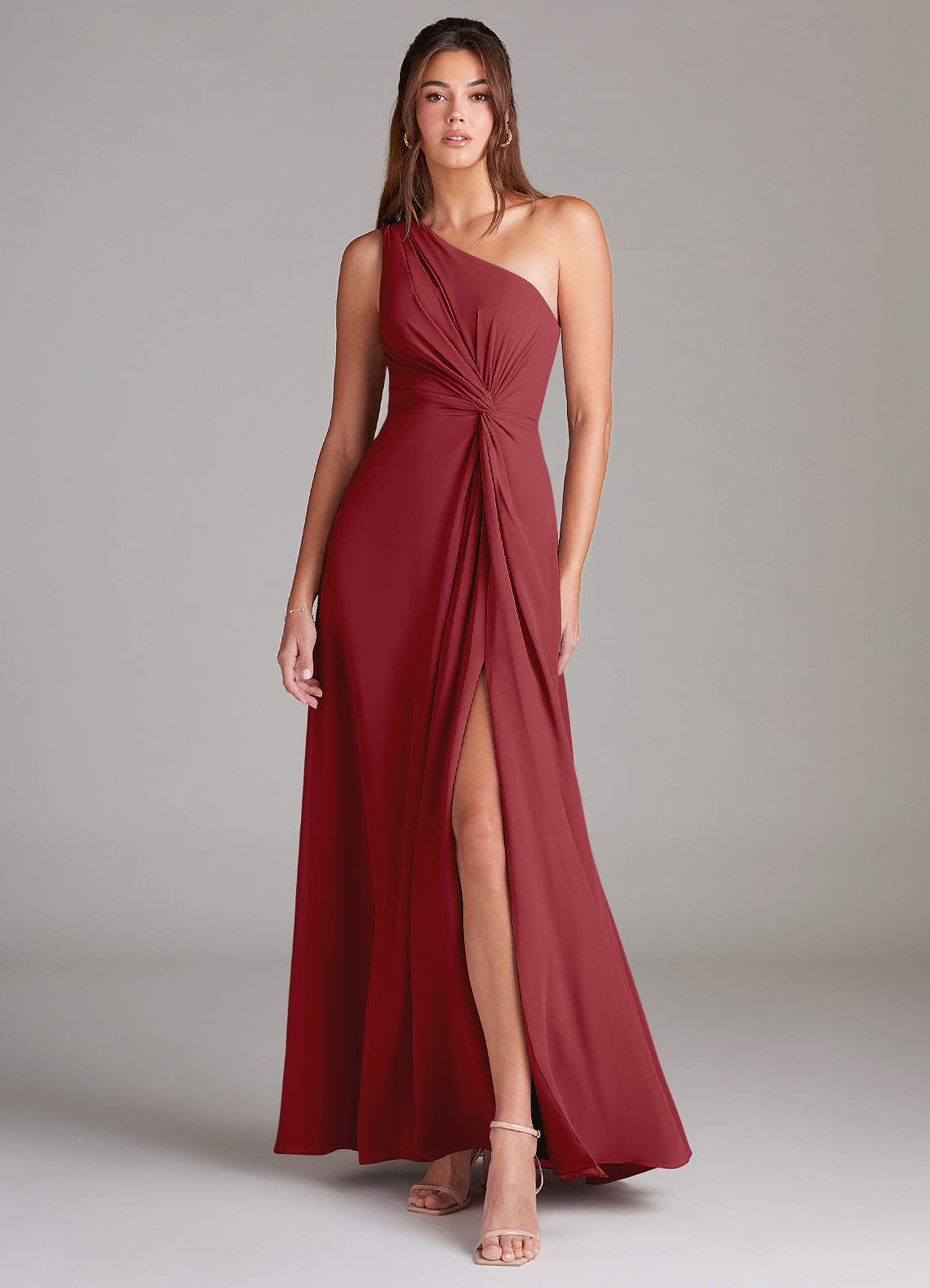 Brooke A-Line One-Shoulder Chiffon Bridesmaid Dress in Pomegranate