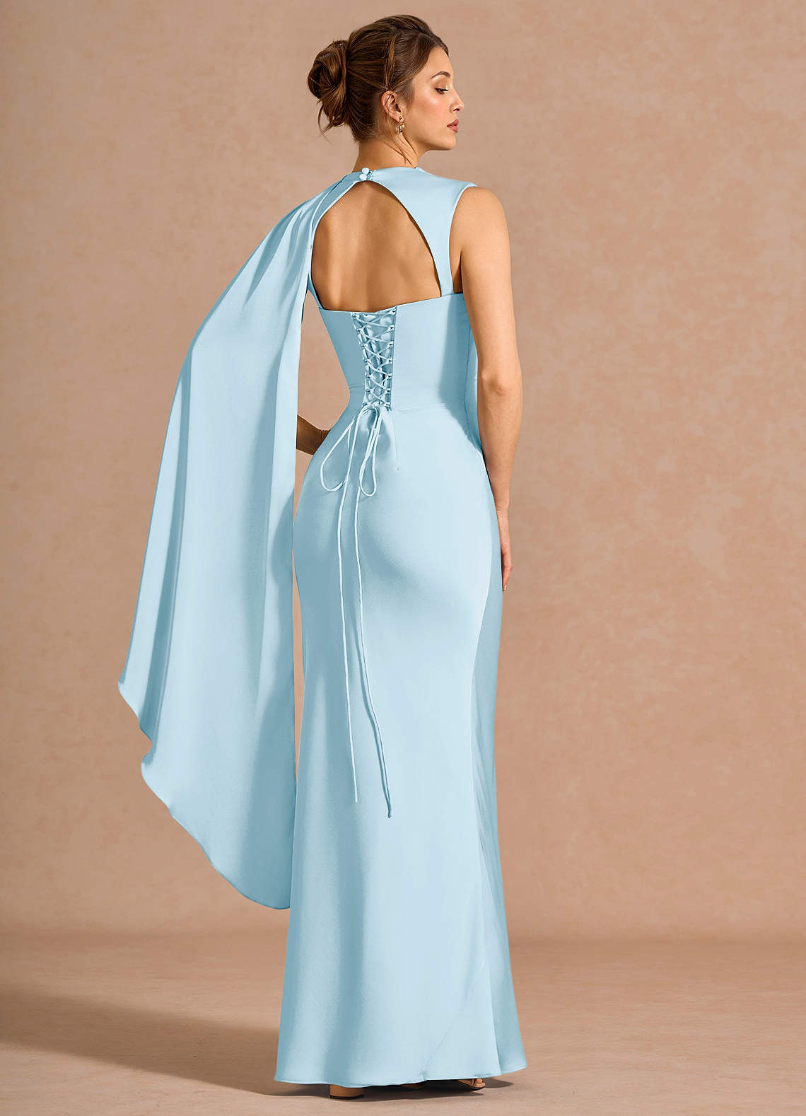 Chesney Cape-Sleeve Pleated Stretch Satin Wedding Guest Dress in Sky Blue