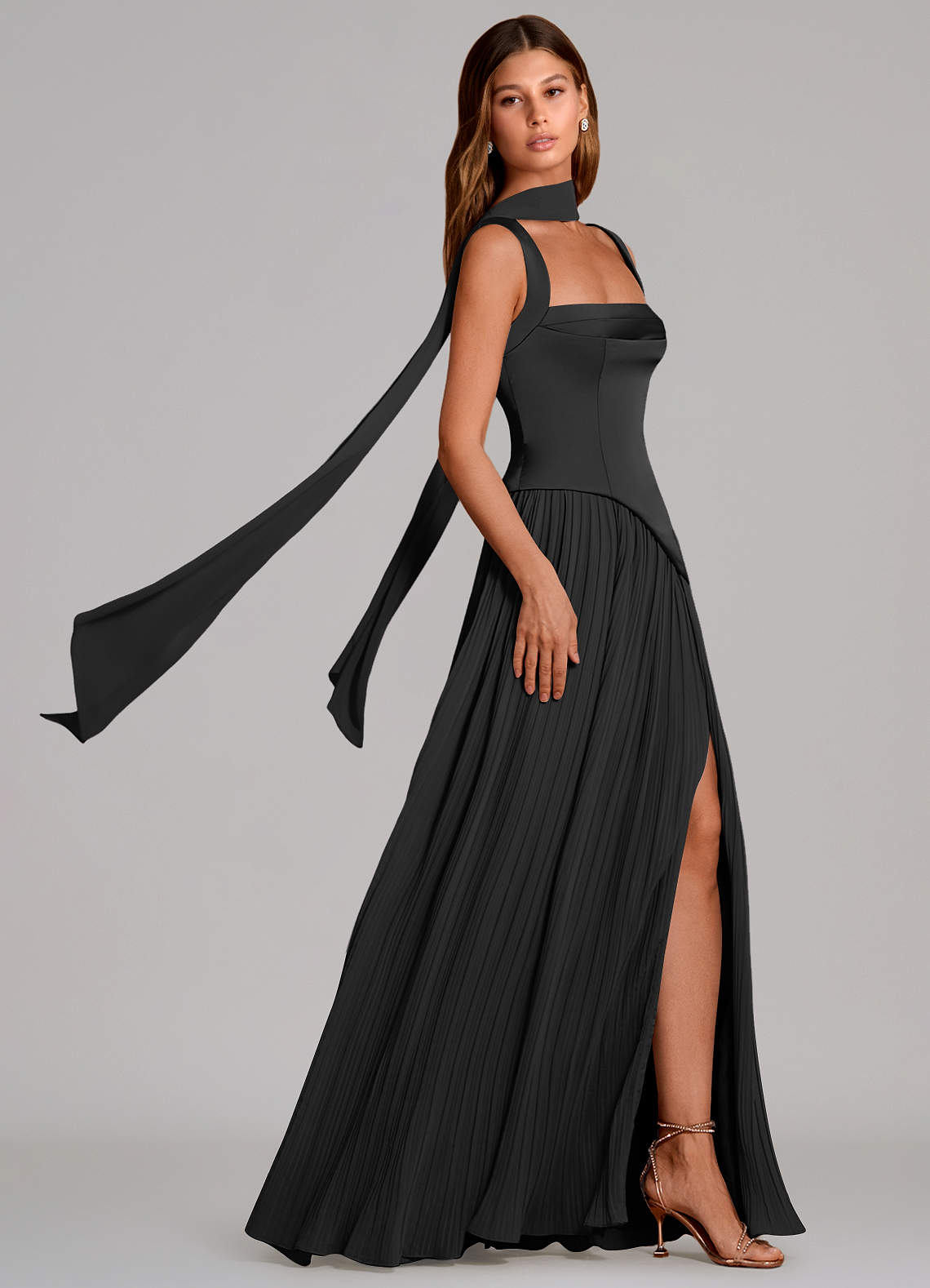 Stephanie A-Line Square-Neck Stretch Satin and Chiffon Bridesmaid Dress in black