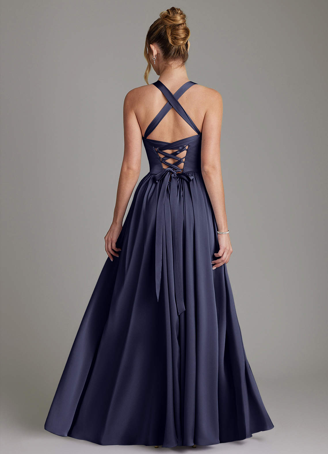 Francis A-Line V-Neck Stretch Satin Bridesmaid Dress in Stormy